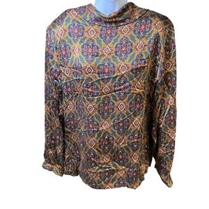 Classiques Entier Floral Silk Top Back Buttons Mock Neck Long Sleeve VTG Large*‎